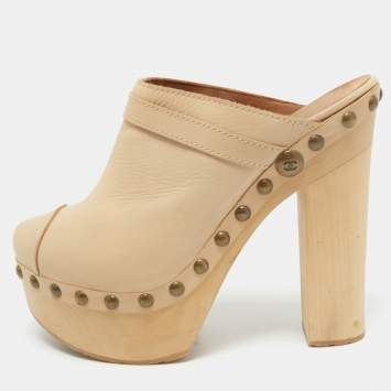 Chanel Beige Leather Studded Platform Clogs Size 39.5