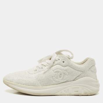 Chanel White Sequin and Leather CC Low Top Sneakers Size 38.5