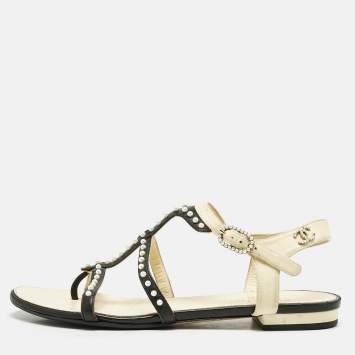 Chanel Black/Beige Leather Faux Pearl Embellished Flat Sandals Size 36