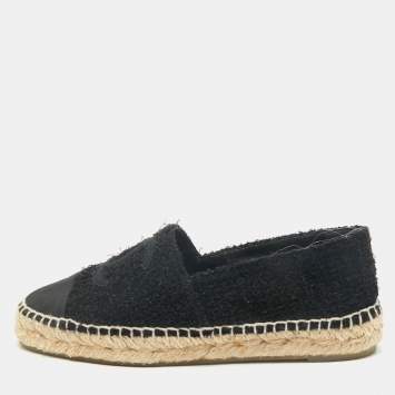 Chanel Black Tweed and Fabric CC Cap Toe Espadrille Flats Size 36