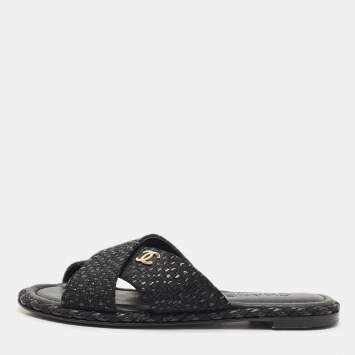 Chanel Black Glitter Fabric Crisscross CC Flat Slide Flats Size 35