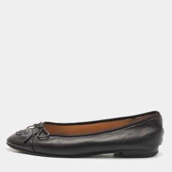 Chanel Black Leather and Patent Cap Toe CC Bow Ballet Flats Size 35