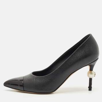 Chanel Black Patent and Leather Cap Toe Pearl Pumps Size 36.5