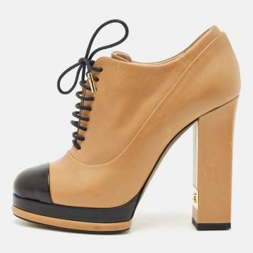 Chanel Beige/Black Leather Cap Toe Platform Ankle Boots Size 38.5