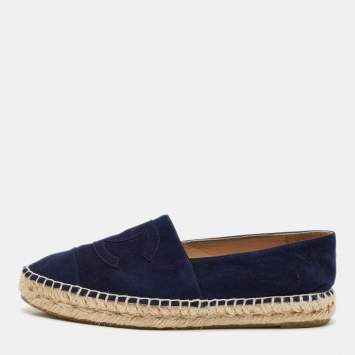 Chanel Navy Blue Suede CC Cap Toe Espadrille Flats Size 39