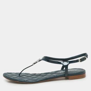 Chanel Blue Patent Leather Embellished CC Flat Sandals Size 37.5