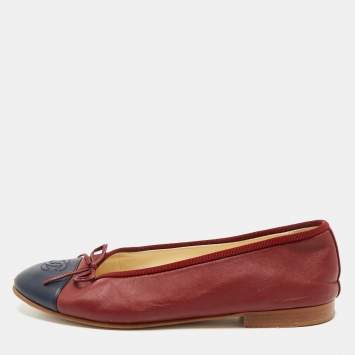Chanel Navy Blue/Red Leather CC Cap Toe Bow Ballet Flats Size 38