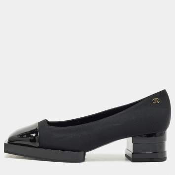 Chanel Black Patent Leather and Canvas Square Cap Toe CC Block Heel Pumps Size 38