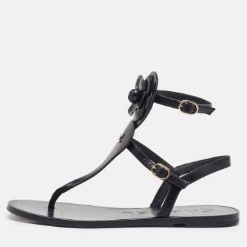 Chanel Black Leather CC Camellia T-Strap Flat Sandals Size 38