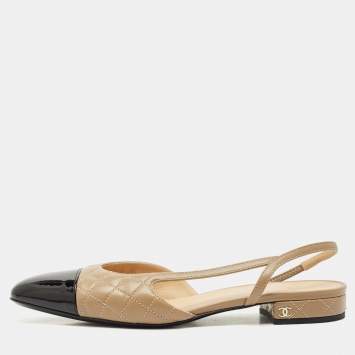 Chanel Beige/Black Patent and Leather CC Cap Toe Slingback Ballet Flats Size 41
