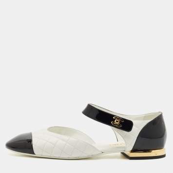 Chanel Black/White Quilted Patent and Leather CC Turnlock Ballet Flats Size 41