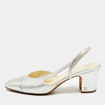 Pre Owned Chanel Silver Leather CC Slingback Pumps Size 40