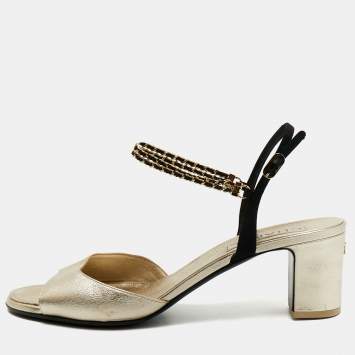 Chanel Gold/Black Leather CC Chain Ankle Strap Sandals Size 42