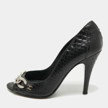 Chanel Black Python CC Chain Link Detail Open Toe Pumps Size 38