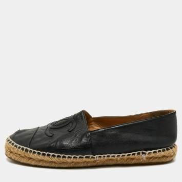 Pre Owned Chanel Black Leather CC Cap Toe Espadrille Flats Size 39