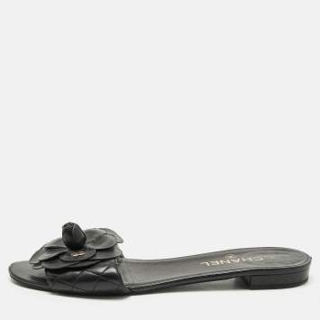 Pre Owned Chanel Black Leather CC Camellia Flat Slides Size 41.5