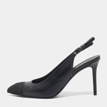 Chanel Black Leather and Canvas Pointed Toe Slingback Pumps Size 38.5