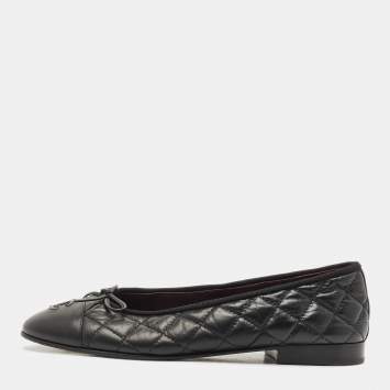 Chanel Black Leather CC Cap Toe Bow Ballet Flats Size 38