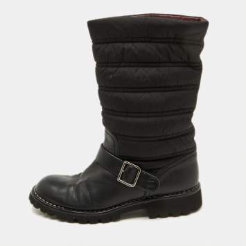 Chanel Black Nylon and Leather CC Logo Moto Calf Length Boots Size 39