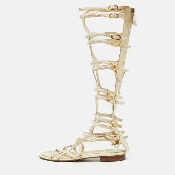 Pre Owned Chanel Cream Leather Gladiator Flat Sandals Size 37