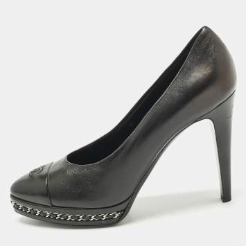 Chanel Black Leather CC Cap Toe  Platform Pumps Size 40