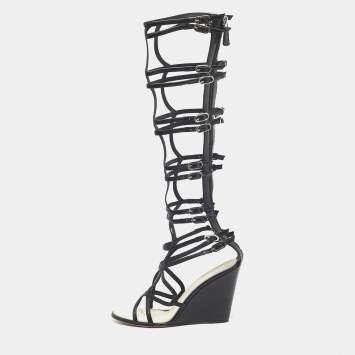 Pre Owned Chanel Black Leather Interlocking CC Logo Gladiator Sandals Size 39