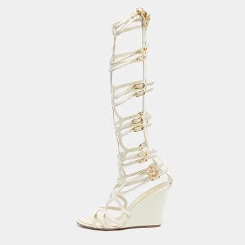 Chanel Cream Leather Gladiator Wedge Sandals Size 39.5