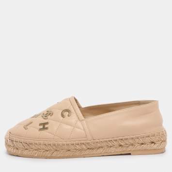 Pre Owned Chanel Beige Quilted Leather CC Logo Espadrille Flats Size 38
