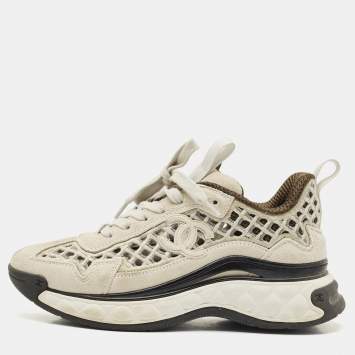 Pre Owned Chanel Grey/White Suede CC Interlocking Logo Low Top Sneakers Size 36