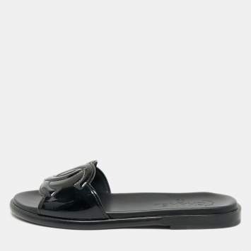 Pre Owned Chanel Black Patent Leather CC Flat Slides Size 38.5