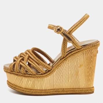 Chanel Metallic Gold Woven Thread Platform Wedge Sandals Size 39