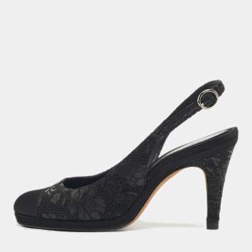 Chanel Black Leather and Satin Cap Toe  Slingback Pumps Size 37.5