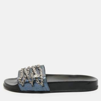Pre Owned Chanel Metallic Leather CC Pool Slide Sandals Size 41