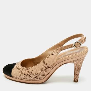 Pre Owned Chanel Beige/Black Leather And Satin Cap-Toe Slingback Pumps Size 37.5
