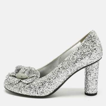 Chanel Metallic Silver Glitter CC Camelia Block Heel Pumps Size 39