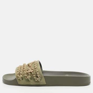 Pre Owned Chanel Green Canvas Tropiconic Chain Pool Slide Size 38