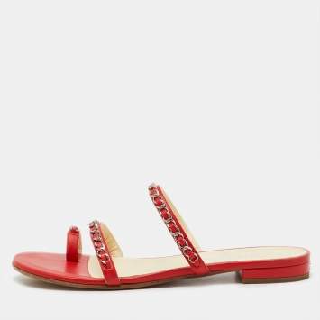 Pre Owned Chanel Red Leather CC Chain Link Strappy Flat Sandals Size 38.5
