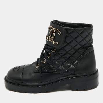 Pre Owned Chanel Black Quilted Leather Chain Combat Ankle Boots Size 37