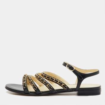 Pre Owned Chanel Black Leather CC Chain Link Ankle Strap Flat Sandals Size 38