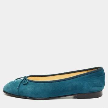 Pre Owned Chanel Blue Suede CC Cap Toe Ballet Flats Size 37