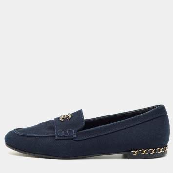 Pre Owned Chanel Navy Blue Denim CC Chain CC Slip On Loafers Size 38.5