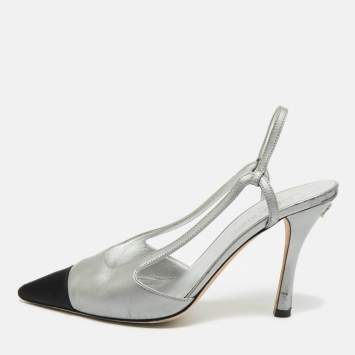 Pre Owned Chanel Black/Silver Leather and Canvas Pointed Toe Slingback Pumps Size 41