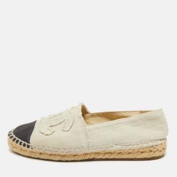 Pre Owned Chanel Grey/Black Canvas CC Cap Toe Espadrille Flats Size 36