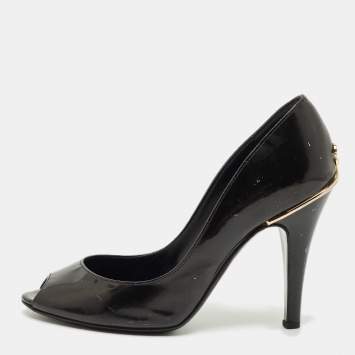 Pre Owned Chanel Black Patent Leather CC Peep Toe Pumps Size 34