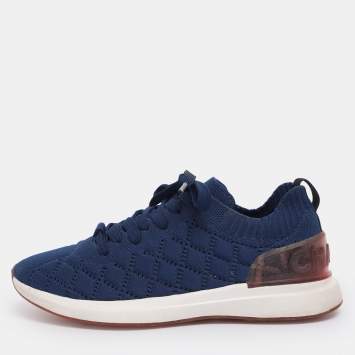 Pre Owned Chanel Blue Knit Fabric CC Low Top Sneakers Size 39