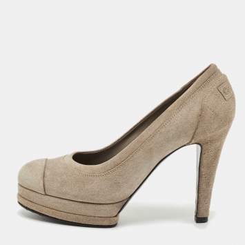 Pre Owned Chanel Grey Suede CC Cap Toe Pumps Size 37.5