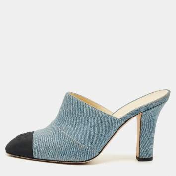 Pre Owned Chanel Blue/Black Denim and Fabric CC Cap Toe Mules Size 36