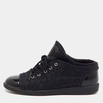 Pre Owned Chanel Black Patent Leather and Shimmer Tweed CC Cap Toe Lace Up Sneakers Size 36