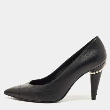 Pre Owned Chanel Black Leather Cap Toe CC Pearl Embellished Heels Pumps Size 39