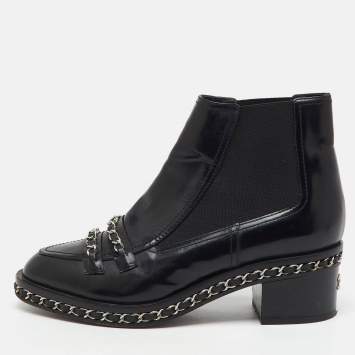 Pre Owned Chanel Black Patent Leather Interlaced Chain Ankle Boots Size 38